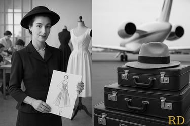 Sartoria anni '50 e jet privato con bagagli e cappello 2025.
