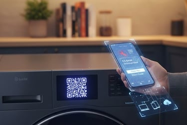 Smart appliance QR code scan showing cross-device SEO and IoT troubleshooting interface.