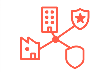 Icono de edificios industriales, corporativos y de seguridad conectados por líneas, representando i