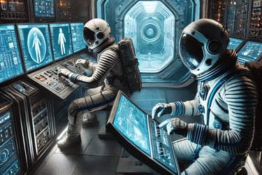 two astronauts in spacesuits with controls