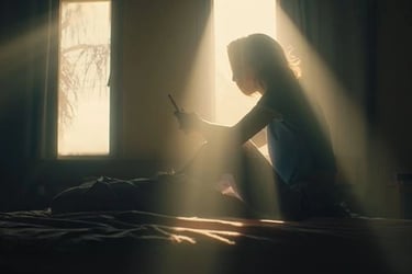 a woman sitting on a bed in a dark room