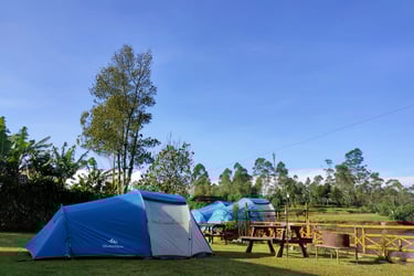 Tenda camping biru di area perkemahan alam terbuka Pangalengan dengan pemandangan pepohonan hijau dan langit biru cerah