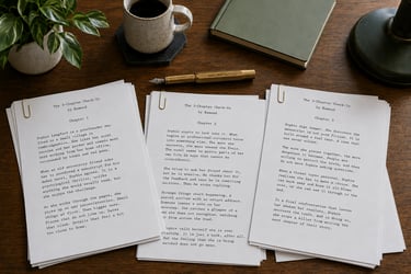 Three chapters of a manuscript fanned out on a wooden desk