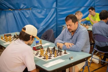 Dino et un joueur en pleine partie d'échecs