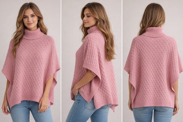 Woman wearing a pink turtleneck knit poncho sweater in front, side, and back views.