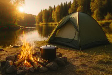 Tent beside a lake with campfire and pot of water boiling in late afternoon sunlight.
