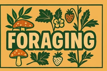 Foraging section header with plants, berries, mushrooms — wild edibles, survival food, bushcraft foraging skills image