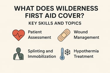 Wilderness first aid training overview graphic, covering wound care, splinting, hypothermia, and emergency skills