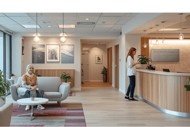 2 people in a warm reception and waiting room