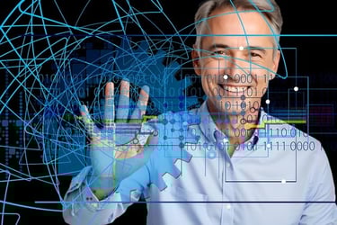 man touching a transparent tactil screen for data management