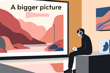 Person sitting in museum or art gallery, listening to audio guide sound design through headphones