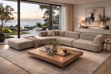 Coastal living room with a cream modular sectional, wood coffee table, and ocean view by Solo Home Decor