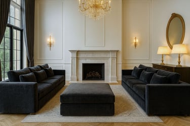 Elegant living room with two navy sofas by Solo Home Decor