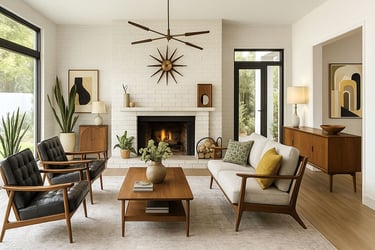 Spacious Mid-Century living room with low-profile sofas, wood beams, and sunburst clock
