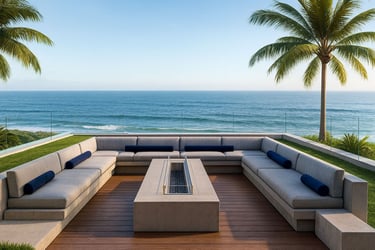 Modern gray sectional with fire pit in a luxury ocean-view backyard, custom outdoor furniture by Solo Home Decor.