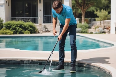 Two people are beside a swimming pool, one of whom is using a cleaning tool with a long handle to clean the pool. The environment includes a diving board, tiled floor, and a red brick wall. A garden area with a tree is visible in the background.