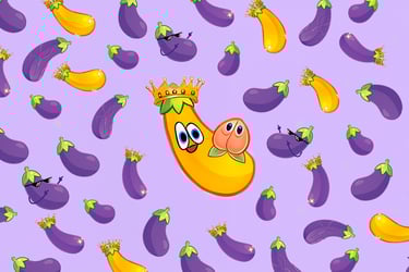 une aubergine violette d'aspect caricatural avec une couronne dessus