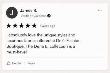 A 5-star customer review for Dre's Fashion Boutique praising the unique styles and Dena E. collection.