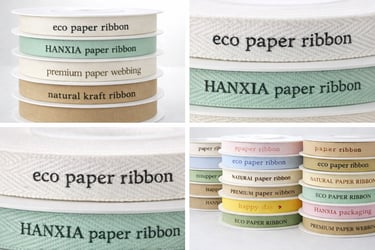 Bulk printed woven paper ribbon rolls showing sharp logo clarity by Hanxia Factory.