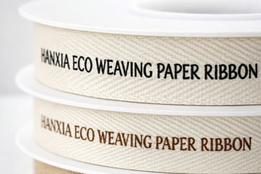 Custom logo printed woven paper ribbons on spools for branded packaging
