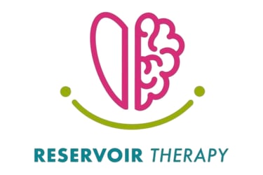 pink heart logo split in half, right is a brain, green line underneath and blue Reservoir Therapy