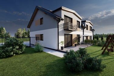 a house with a swing set in the grass