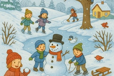 Wimmelbild Winter mit Schnee, Kinder spielen draußen, Schneemann, Sprachförderung