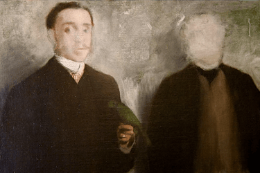 a painting of two men in suits and ties, one man's face is blurred