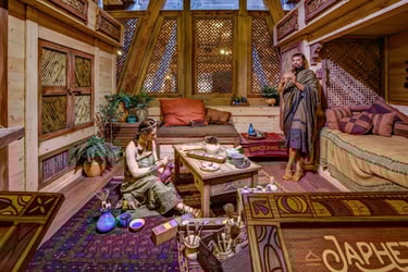 a woman in a room with a couch and a man