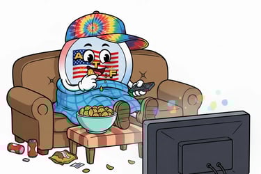 ATF Man sitting on a couch, eating chips, watching American Travel Fun YouTube Channel on TV