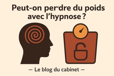 Silhouette avec spirale hypnotique et balance stylisée, question sur la perte de poids par hypnose