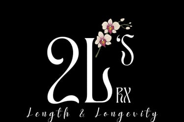 Black and white image of logo for 2Ls Length and Longevity in Bowmanville. Orchid in image.
