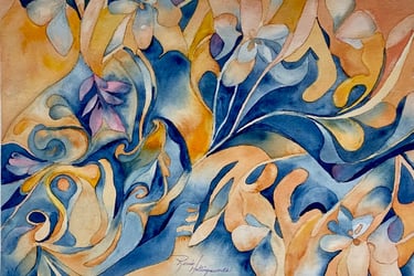 Swirling joyful colors in contrasts of orange, deep and light blue flowing like feathers