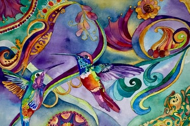 Two shimmering hummingbirds surrounded by swirling, vivid hues of blue, green, purple and red
