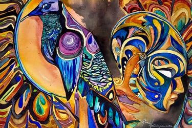 Bird of ornate plumage and a stylized human face, a symphony of patterns in blues, purples and golds