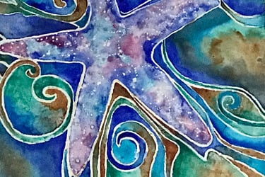 Abstract blue and purple starfish on blue green and gold swirled background.