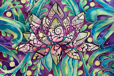 Zentangle lotus in pinks, creams and yellows with flowing teal and turquoise leaves and tendrils