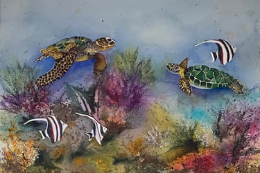 Turtles of greens, golds and sepia glide in radiant blue waters with vivid corals and striped fish