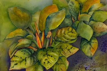 Cluster of broad tropical leaves in emerald, lime, orange and blues in a misty rainforest scene