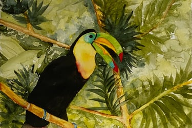 Vibrant rainforest spirited Toucan amid tropical deep green, light green and gold foliage