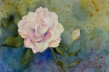 A delicate pastel rose against a subtle dappled backdrop of cool hues