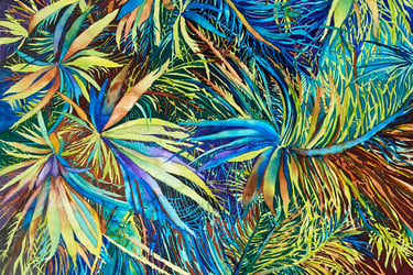 Vivid tropical foliage of turquoise, lime, gold and rust overlap like a palm tree playing peacock