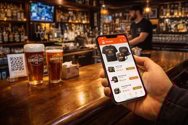 Customer holding phone at bar showing drink selection and ordering concept