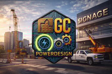 GC Power Design logo overlaying a construction site with a crane and service truck.