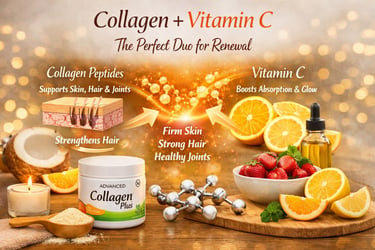 Collagen peptides and vitamin C supplement with fresh oranges and strawberries for skin and joint health.