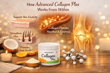 Advanced Collagen Plus powder supplement benefits for skin elasticity, hair strength, and joint health.