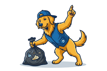 Golden retriever mascot cartoon wearing a blue vest and cap holding a black trash bag.