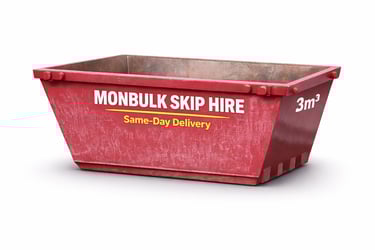 maroon 3m3 mini skip bin with monbulk skip hire same day delivery written on the side in yellow