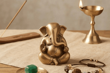 A peaceful brass Ganesha idol on a tan altar cloth, lit by a warm diya with a spiritual gemstone and beaded bracelet.