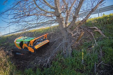 Green Climber LV 1000 Model alongside highway on a steep slope grinding down a large tree
